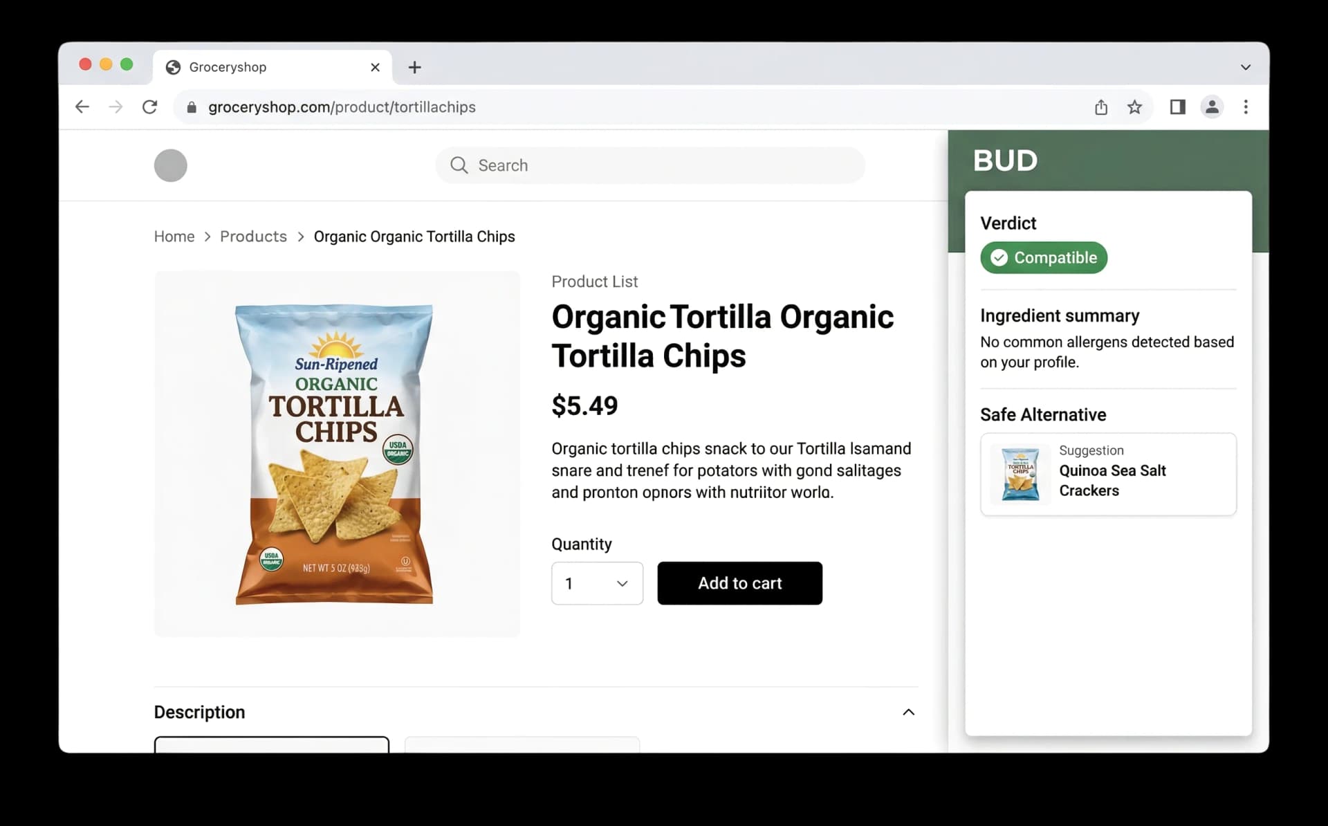 Browser with BUD extension panel showing Compatible verdict