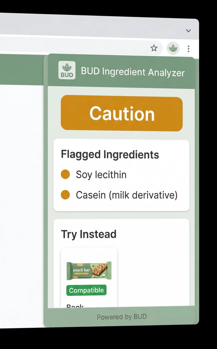 BUD extension panel showing ingredients and alternatives